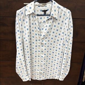 Ann Taylor White Blouse with Blue and Yellow Pattern